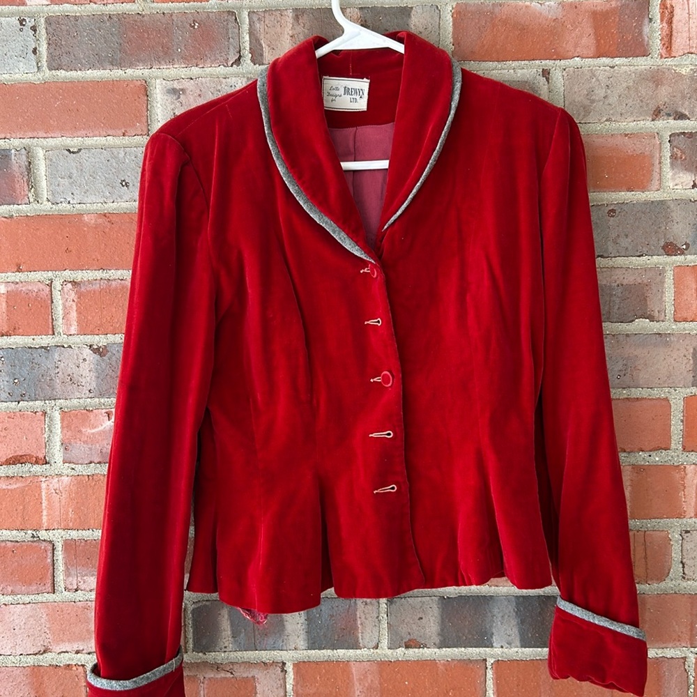1930’s Ladie’s Red Velvet Jacket w Grey Flannel piping detail size XS